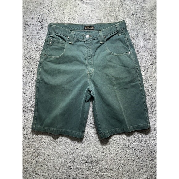 Vintage 90s Streetwear Mens 38 Faded Baggy Loose Denim Short Green Skater Grunge - Picture 2 of 14